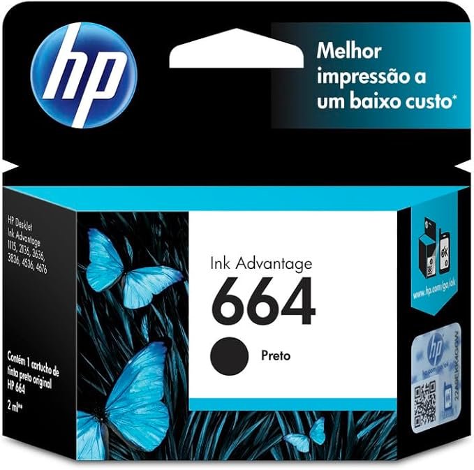 ✅Cartucho de Tinta HP 664 Preto Original (F6V29AB) Para Impressora Deskjet 2136, 2676, 3776, 5076, 527!!😎💕
