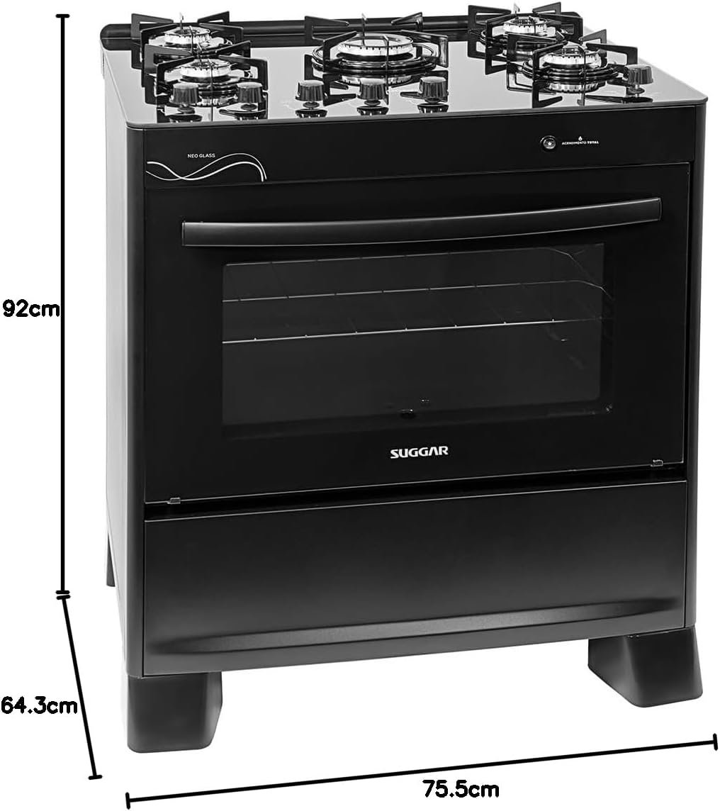 ✅Suggar Fogão Neo Glass Preto Mesa De Vidro 5 Bocas Trempe 6 Apoios Acendimento Automático!!😎