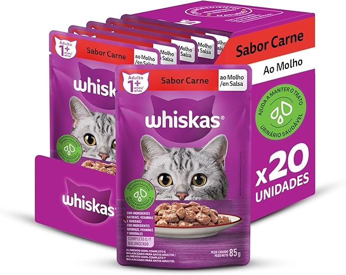 ✅Pack Ração Úmida Whiskas Sachê Carne ao Molho para Gatos Adultos 85 g – 20 unidades!!😎