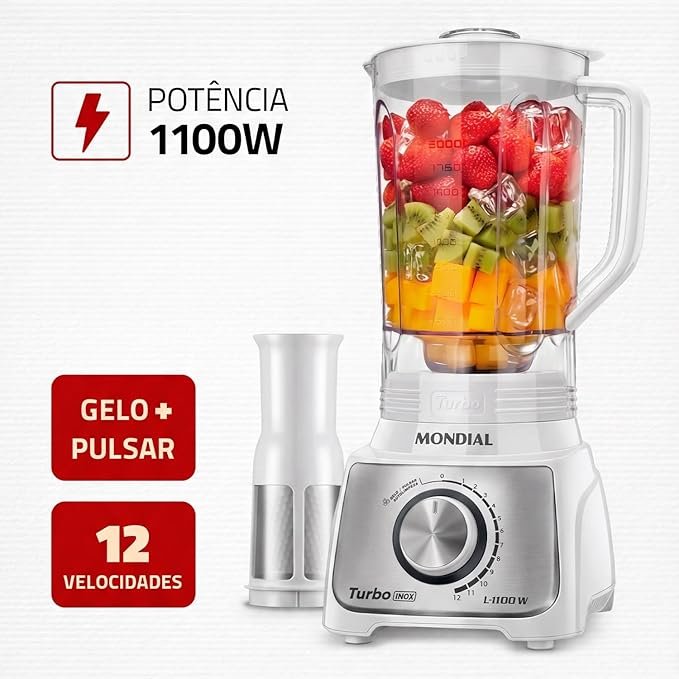 MONDIAL, Liquidificador Turbo, Branco/Inox, 1100W, 220V – L-1100-WI!!😎💕