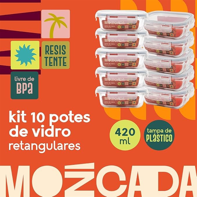 ✅Mozcada – Kit 10 Potes de Vidro Marmita 420ml Hermético com Trava Retangular!!😎💕