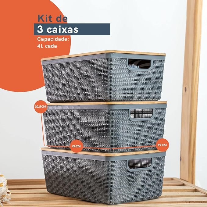 Oikos – Kit Caixa Organizadora 4L com Tampa de Bambu Cinza!!😎💕