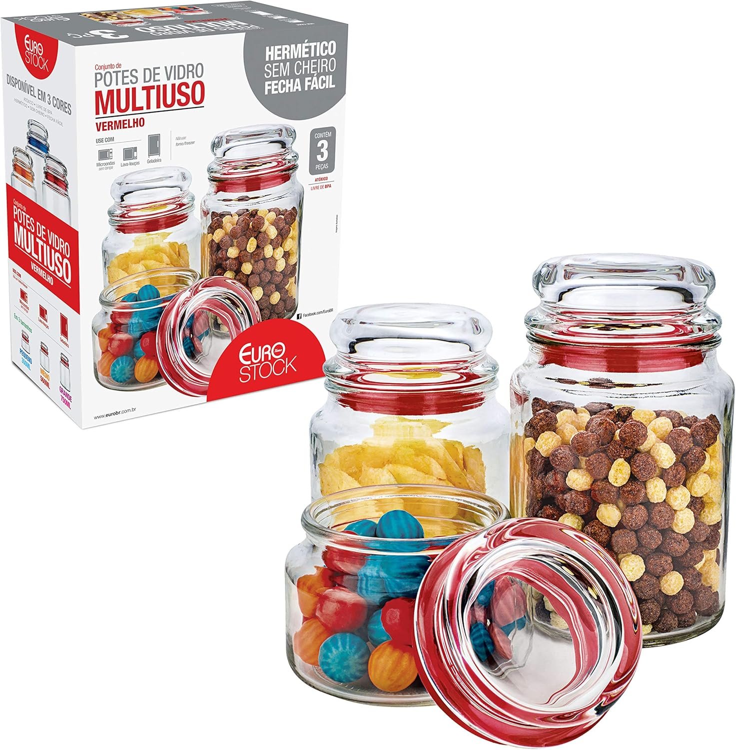 Euro Home – Conjunto com 3 Potes Multiuso de Vidro, Tampa Herméticas – VDR1129-VM!!😎💕
