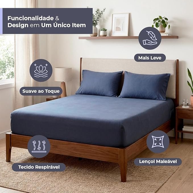Jogo de Lençol 100% Algodão Premium Extra Macio – Roupa De Cama Antiácaro, Inclui Lençol Com Elástico (Forro) E Fronhas (Azul-marinho, Queen Simples!!!😎💕